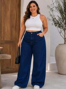Calça Wide Leg Pantalona Jeans Feminina Cintura Alta  Sem Laycra Levanta Bumbum PLUS Size Tam 36 ao 54 - Lavagem escura - Visão 3