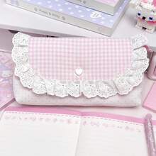 1pc Pink Plaid Lace Storage Bag, Compact Multi-Functional Organizer Bag With Flap. Perfect For Storing Coins, Cards, Notes, Pens And Small Items. Soft Fabric With Exquisite Lace Trim, Ideal For School, Office Organization, Travel - Multicolor - View 5