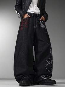 Men's HK Style Wide Leg Jeans, Retro Embroidery On Back, Casual Long Pants All Seasons (No Belt & Accessories, Decorative Non‑Functional Back Pockets) - Black - View 6