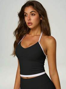 UONNOU 1pc Women's All-Season Spaghetti Strap Camisole, Shaping, Adjustable Straps, Removable Padding, Sporty Style, Black, Summer - Black - View 6