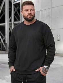 Plus Size Men's Crew Neck Sweatshirt, Solid Color Shoulder Patchwork Loose Casual Long Sleeve Pullover, Spring/Autumn - Black - View 1
