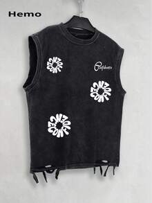 Hemo, Summer Men's Street Graphic Ripped Tank Top, Slightly Stretchy Washed Black Crew Neck Casual Everyday Wear Ripped Tank Top - Black - View 1