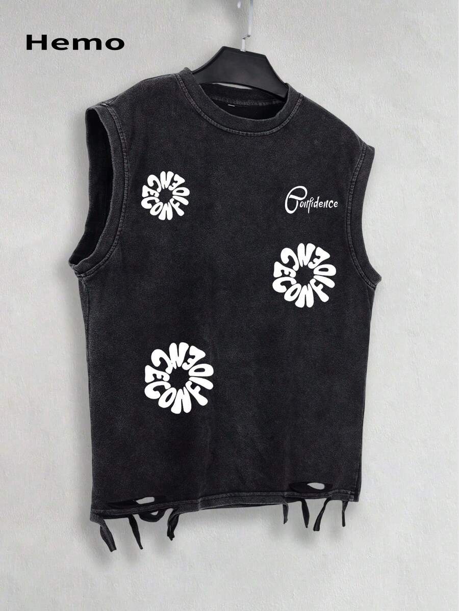 Hemo, Summer Men's Street Graphic Ripped Tank Top, Slightly Stretchy Washed Black Crew Neck Casual Everyday Wear Ripped Tank Top - Black - View 1