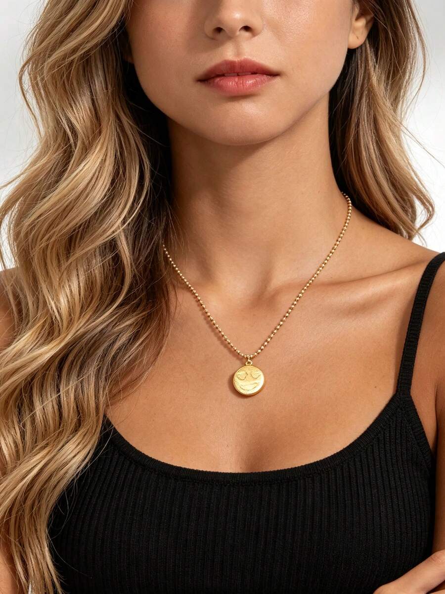 Heart Eye Face Round Bead Necklace, Cute & Fun Pendant Versatile Collarbone Chain, Ins Popular All-Match Accessory, Fresh & Minimalist Style Suitable For Daily Commute, Casual Date, Unisex, Best Friends, Couples, Delicate & Exquisite, Looks Great Worn Alone Or Layered, Perfect For Gifting Or Self-Use With Full Atmosphere - Face Pendant Necklace - View 1