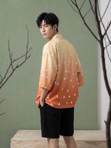 男士和服風防曬開襟衫，幾何印花圖案，可機洗 - 橘色 - 查看 4