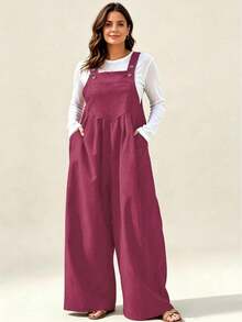 IGKEEL Plus Size Women's Pleated Wide Leg Casual Solid Color Jumpsuit With Pockets, Spring/Summer - Red Violet - View 3