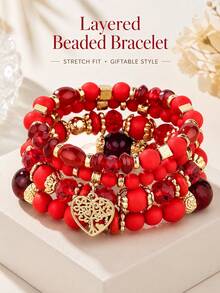 Set Gelang Manik-Manik Merah 4pcs/Set, Manik-Manik Campuran Minimalis dengan Liontin Hati Emas & Pohon Kehidupan, Aksesori Pergelangan Tangan Wanita - Merah - View 2
