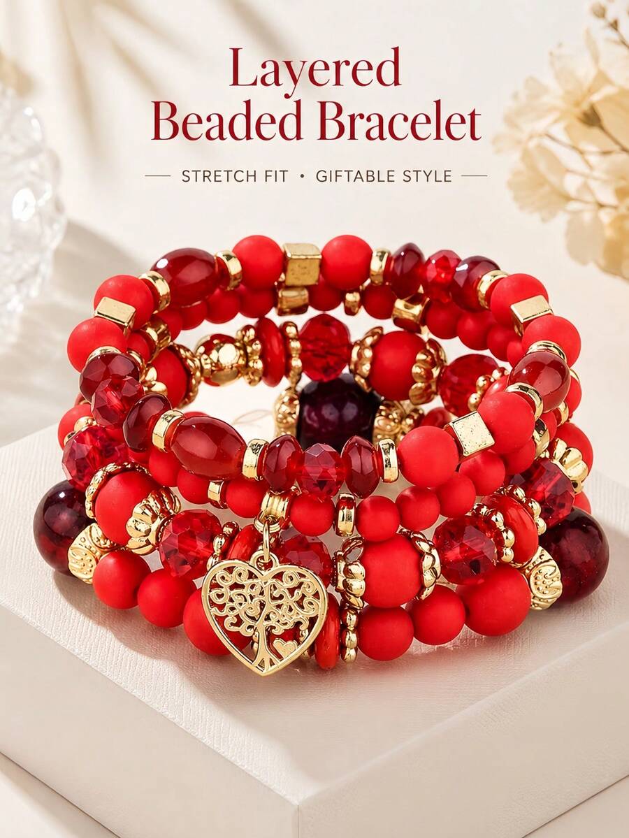 Set Gelang Manik-Manik Merah 4pcs/Set, Manik-Manik Campuran Minimalis dengan Liontin Hati Emas & Pohon Kehidupan, Aksesori Pergelangan Tangan Wanita