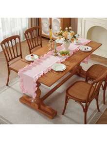 1pc French Vintage Solid Color Ruffle Table Runner, Cute Candy Color White Fabric Tablecloth, Suitable For Wedding, Festival, Party - Multicolor - View 22
