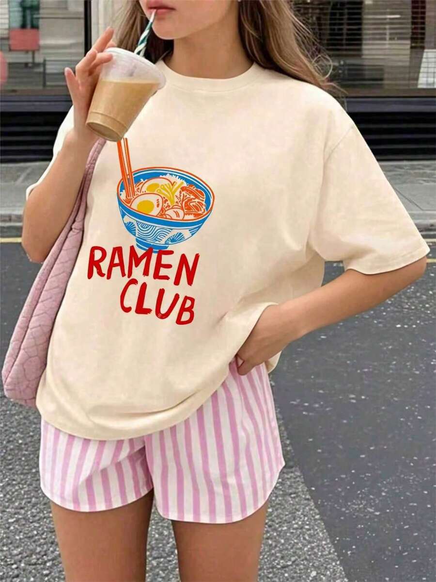 2-Piece Set For Young Girls: Ramen And Letter Print Crew Neck Short Sleeve T-Shirt Random Cut Striped Shorts Set, Girls' Summer Comfortable Fashion - Multicolor - View 1