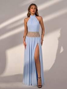 Elegant Blue Halter Neck Backless Rhinestone Embellished Maxi Dress, Suitable For Wedding Guests, Summer Parties, Beach Vacations And Evening Gatherings - Sky Blue - View 3