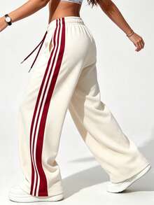 KyrLssu Simple Multi Stripe Casual Wide Leg Bottoms, Elastic Drawstring Waist Long Pants For Multi-Style Daily Matching - Beige - View 3