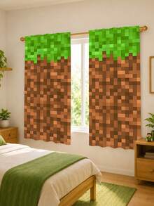 2pcs Pixel Art Block Print Curtains, Game Mosaic Pixel Pattern Semi-Sheer Curtains, Creative Personalized Boys Children's Bedroom Decor Window Curtains, Multiple Styles Available - Multi-color B - View 7