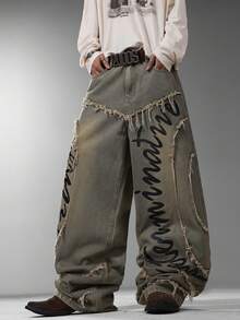 Men's Japanese Retro Vintage Wide Leg Jeans, Unique Street Print Design, Fashion Casual All-Season Long Pants (No Belt & Accessories Included) - Blue - View 8