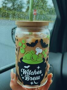 Halloween Witch Magic Cauldron Glass Straw Cup, Bamboo Lid High Transparency Can Cup, Bat Star Moon Ghost Print Iced Coffee Cold Drink Cup - Multicolor - View 3