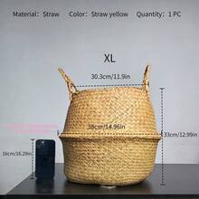 大型手工編織海草植物盆，可折疊收納籃附手柄與盆蓋，自然波希米亞風室內/室外客廳露台花園裝飾 - 草黃(附提手款) - 查看 12