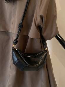 1pc Pleated Soft Leather Fan-Shaped Underarm Bag, Multi-Panel Patchwork Stitching, Dual-Side Rope Knot Adjustable Spaghetti Strap, Zipper Closure, Minimalist Crossbody Small Bag - Black - View 8