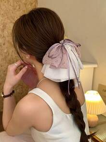 1pc Multi-Layer Purple Floral Chiffon Bow Ponytail Hair Clip With Flowing Ribbon, Sweet And Elegant Fashion Hair Accessory For Women - Multicolor - View 3