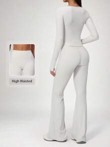NcmRyu Setelan Olahraga Wanita Satu Set Warna Polos, Lengan Pendek dan Panjang dengan Lubang Jempol, Model Celana Lebar - Grey - View 3