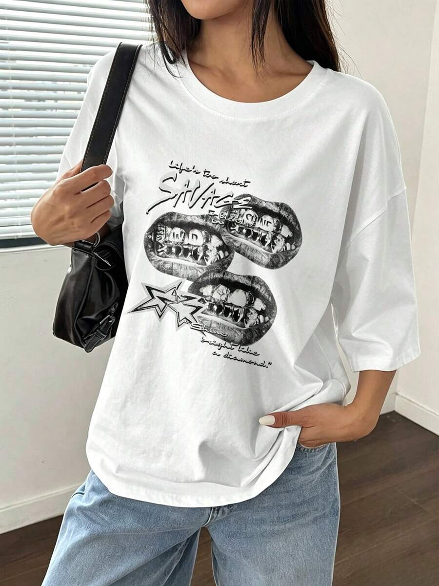 Women Y2K Oversized Printed T-Shirt Casual Loose Drop Shoulder Short Sleeve Top - 白色 - 查看 1