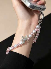 Y2K Mermaidcore Starfish Beaded Phone Charm Strap, Pink Iridescent Crystal Pearl Phone Lanyard, Cute Beach Aesthetic Wristlet - Multicolor - View 3