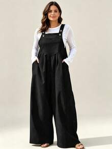 IGKEEL Spring Summer Autumn Plus Size Solid Color Sleeveless Jumpsuit With Pockets, Black - Black - View 2