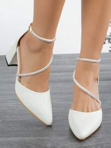 Pointed Toe Chunky High Heels With Rhinestone Strap Decor, Elegant And Sophisticated Style Suitable For Banquet And Party Wear, Fashionable Versatile Hollow Women's Shoes. Black High Heels, Red High Heels. - White - View 5