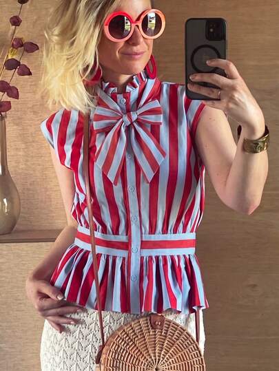 GMFP Vertical Striped Bow Collar Cap Sleeve Waist Cinched Pleated Short Blouse, Independence Day Holiday Season Daily Gathering Back To School Casual
