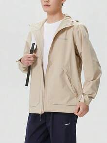 Columbia Jaket Pria Lengan Panjang Kasual Olahraga Sehari-hari dengan Motif Huruf dan Resleting - khaki muda - View 2