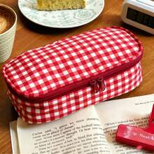 1pc Large Capacity Polka Dot & Plaid Pencil Case, Soft Polyester Fabric Stationery Storage Box, Portable & Stylish Pen Bag, Suitable For Students, Multi-Functional Makeup Bag, Desk Organizer, Ideal For School, Office, Travel And Back To School - A - View 6