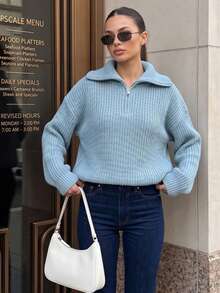 Women's Fashionable Zip-Up Knit Sweater, Loose Fit Casual Pullover Top For Autumn/Winter - Blue - View 1
