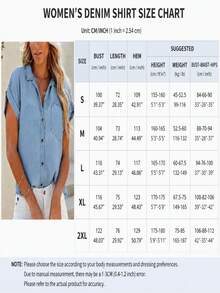 Women's Blue V-Neck Casual Short-Sleeve Washed Denim Shirt, Large Size Loose Cardigan Lightweight Denim-Look Shirting Fabric - Blue - View 5