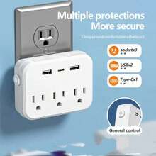 6-In-1 Portable Surge Protector With 3 AC Outlets, 2 USB Ports, And 1 USB-C Port For US Travel - US B Type Plug(110-127V) - View 2