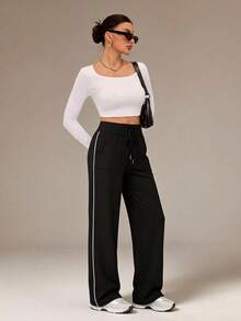Women's Spring/Summer High Waist Drawstring Wide Leg Sports Pants With Pockets, Elastic Butt-Lifting Yoga Fitness Training Long Pants Black Fall - Black - View 3