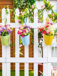 4/6/10pcs Metal And Iron Hanging Flower Pots, Balcony Garden Planting Baskets, Fence Bucket Pots, With Detachable Hanging Flower Racks, Christmas Flower Pot Decorations - Style 1 - View 2