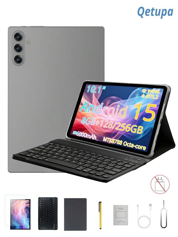Qetupa Tableta Android 15 de 10.1 pulgadas con funda, protector de pantalla, teclado y lápiz óptico, 8GB RAM + 128GB/256GB ROM, procesador MTK8788, pantalla táctil de 1280x800, cámara frontal de 5MP y cámara trasera de 13MP, batería de 6000mAh, sin soporte para tarjeta SIM (adaptador no incluido)