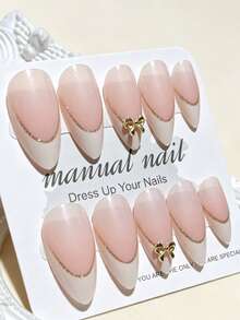 10pcs Handmade French Short Nail Stickers, Includes White, Pink, Gold, Blue And Yellow 5 Colors, Cute And Charming Design, Each Nail Sticker Decorated With Hand-Painted Vine Pattern Wrapped Around Metal French Edge - Dusty Pink - View 3