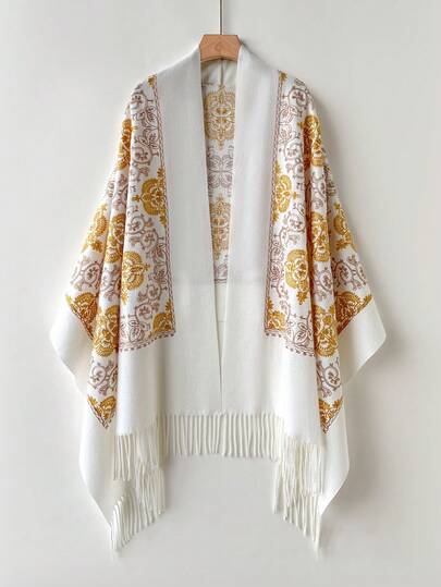 1pc Women's Autumn/Winter Faux Cashmere Embroidered Scarf, Thick Warm Tassel Embroidery Bohemian Style Travel Shawl Cape