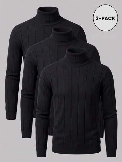3pcs/Set Men's Mercerized Striped Slim Fit High Neck Long Sleeve Sweater