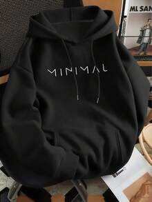 Minimalist Style Letter-Printed Hooded Sweatshirt, Versatile Top For Everyday Casual Wear And Commuting - 黑色 - 查看 2