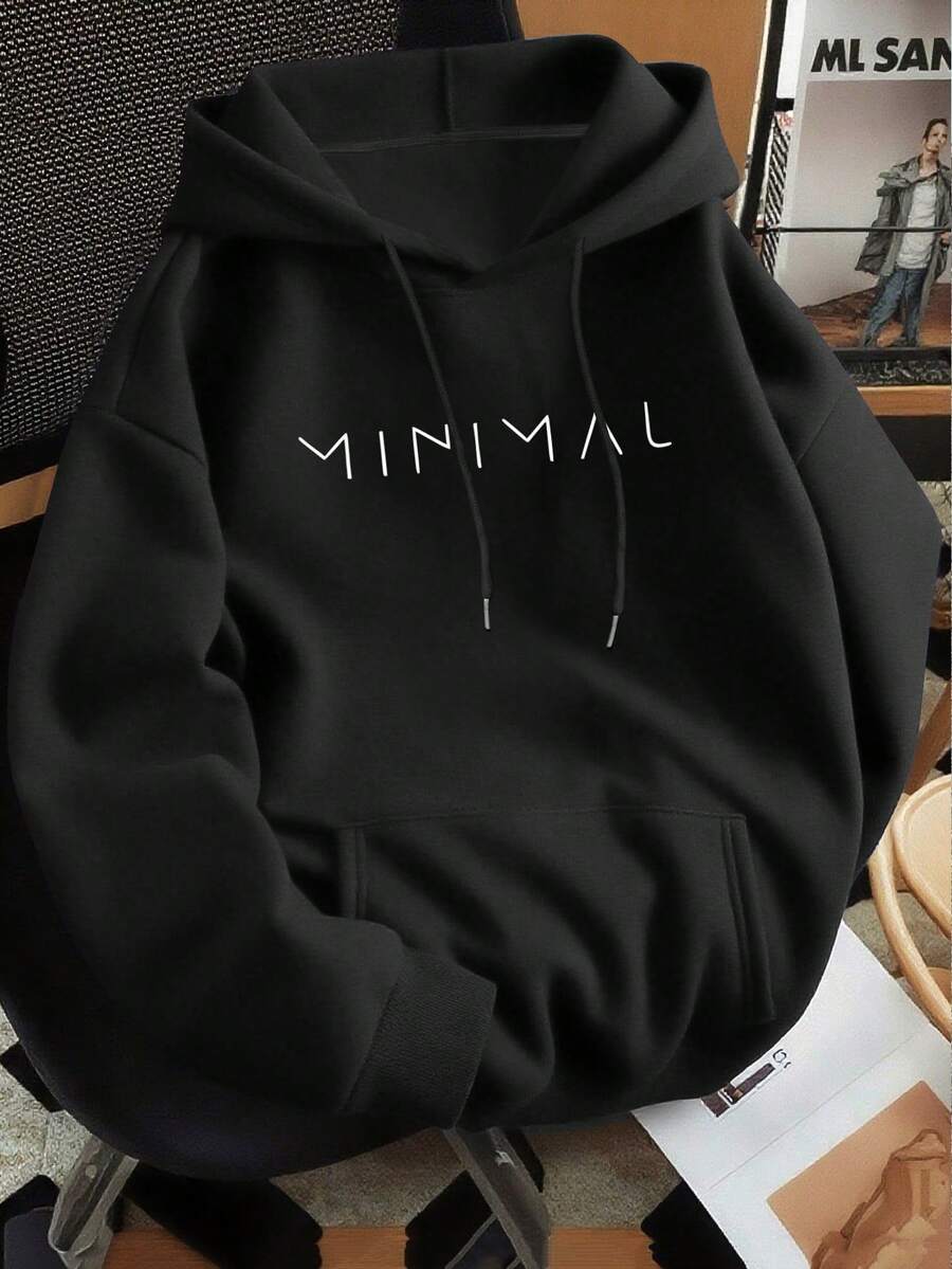 Minimalist Style Letter-Printed Hooded Sweatshirt, Versatile Top For Everyday Casual Wear And Commuting - Black - View 1