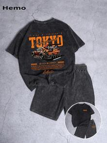 Hemo 男士街头时尚赛车T恤短裤套装，微弹水洗黑色休闲日常两件套，夏季 - 黑色 - 查看 1
