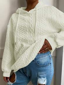 Plus Size Women Loose Casual Solid Color Jacquard Long Sleeve Hooded Sweatshirt Spring - Beige - View 6