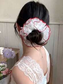1pc Women's 19cm/7.48in Red Ditsy Floral Large Scrunchie, Fashionable Versatile High-End Elegant Minimalist Solid Color Hair Accessory, Suitable For Daily Wear, Casual, Beach, Party, Commuting, Vacation, Ponytail, Bun, Face Washing, Bathing, Makeup, Outfit Matching, Hair Ornament - Red - View 7