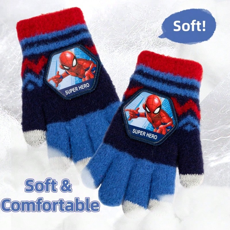 Mesuca Winter Warm Ski Gloves Official Marvel Spider-Man Cartoon Print Blue Navy Red Striped Knit Windproof Soft Outdoor Cold-Proof Gloves 1 Pair - Multicolor - View 1