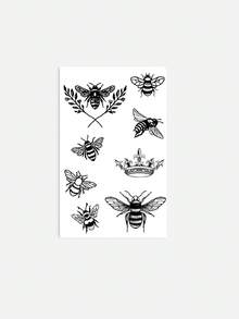 1 Sheet Minimalist Sketch Bee Temporary Tattoos Set, Assorted Honeybee Patterns With Leaf Branch & Crown Design Fake Tattoo Stickers, Waterproof Dainty Arm Decor, Nature Insect Accessories For Men Women - Black - View 4