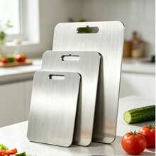 Ultra-Thin Stainless Steel Cutting Board 3 Pieces Set, Includes Large, Medium And Small Sizes, Easily Stored In Kitchen Drawer. Stainless Steel Material, Durable And Resistant To Cracking And Mold, Built-In Hanging Hole For Ventilation When Not In Use. Suitable For Preparing Baby Food, Cutting Fruits And Vegetables, Processing Meat, Separating Raw And Cooked Ingredients To Avoid Cross-Contamination, Easy To Clean And Heat/Cold Resistant. Minimalist And Versatile, Meets Daily Home Meal Prep Needs, Ideal Kitchen Tool For Small Kitchens. - View 6