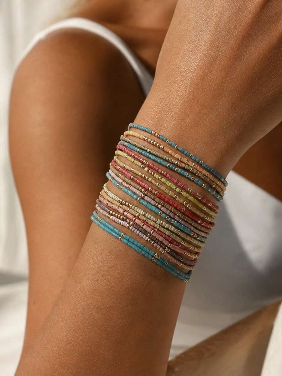 19pcs Fashion Creative Elegant Colorful Beaded Bracelet Set (Colors Are Random And Not Fixed) - Colorful - View 1
