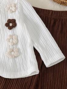 2pcs Girls (Infant) Casual Gentle Minimalist Style 3D Floral Decor Round Neck Long Sleeve Top & Double Bow Straight Leg Pants Set, Spring/Autumn Thin - White - View 4