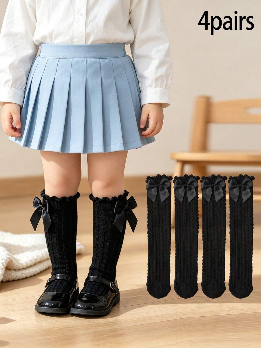 4雙女童蝴蝶結裝飾粗針編織膝上襪,無跟過膝襪,適合1-8歲女孩,日常穿著、返校穿搭,百搭款 - 黑色 - 查看 1